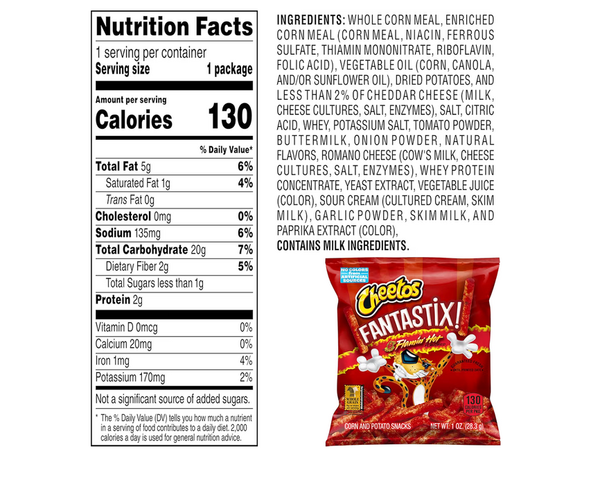 Cheetos Fantastix Flamin' Hot Whole Grain Corn & Potato Snacks, 1 oz Bags (24 Count Bulk Value Pack)